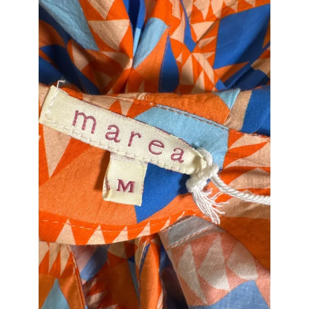 New Marea Womens Grecian Poplin Dress Short Sleeve Orange Blue Size Medium Boho - Picture 5 of 16